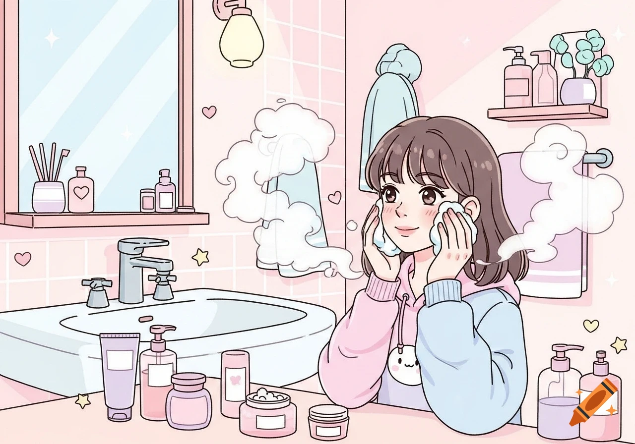 A cartoon teen girl with brown hair washes her face with foam in a pastel pink bathroom, surrounded by skincare products.