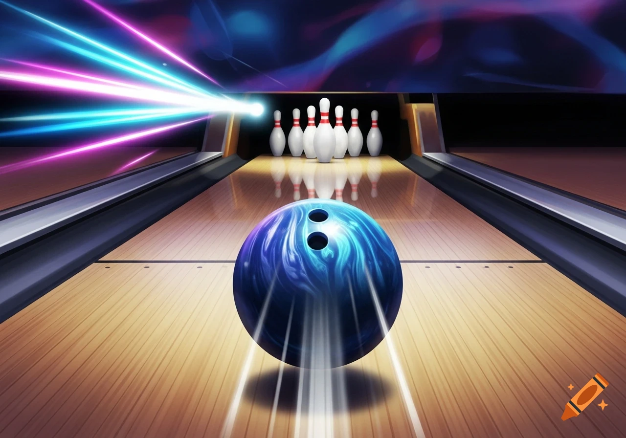 A blue bowling ball with neon light trails speeding down a shiny lane toward white pins, with dynamic lighting.