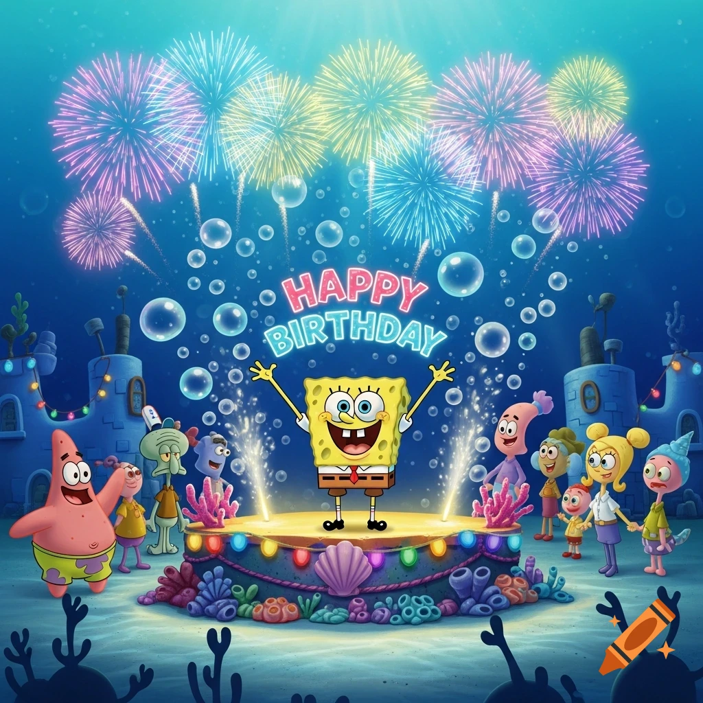 Cartoon SpongeBob and friends celebrate a birthday underwater with colorful fireworks and bubbles.