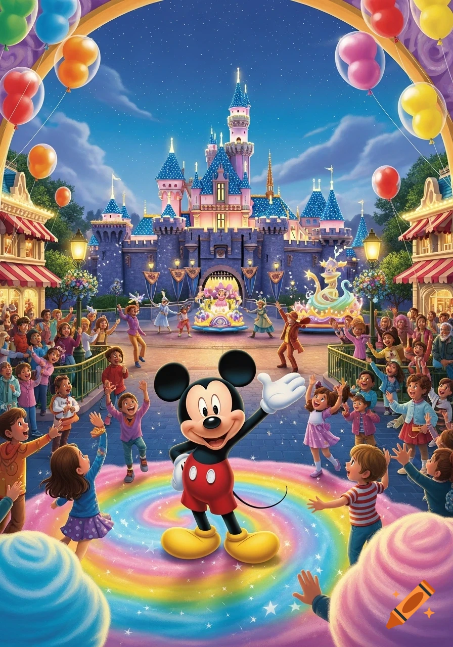 Mickey Mouse waves to children at a vibrant Disneyland parade with a castle, balloons, and a rainbow ground swirl.