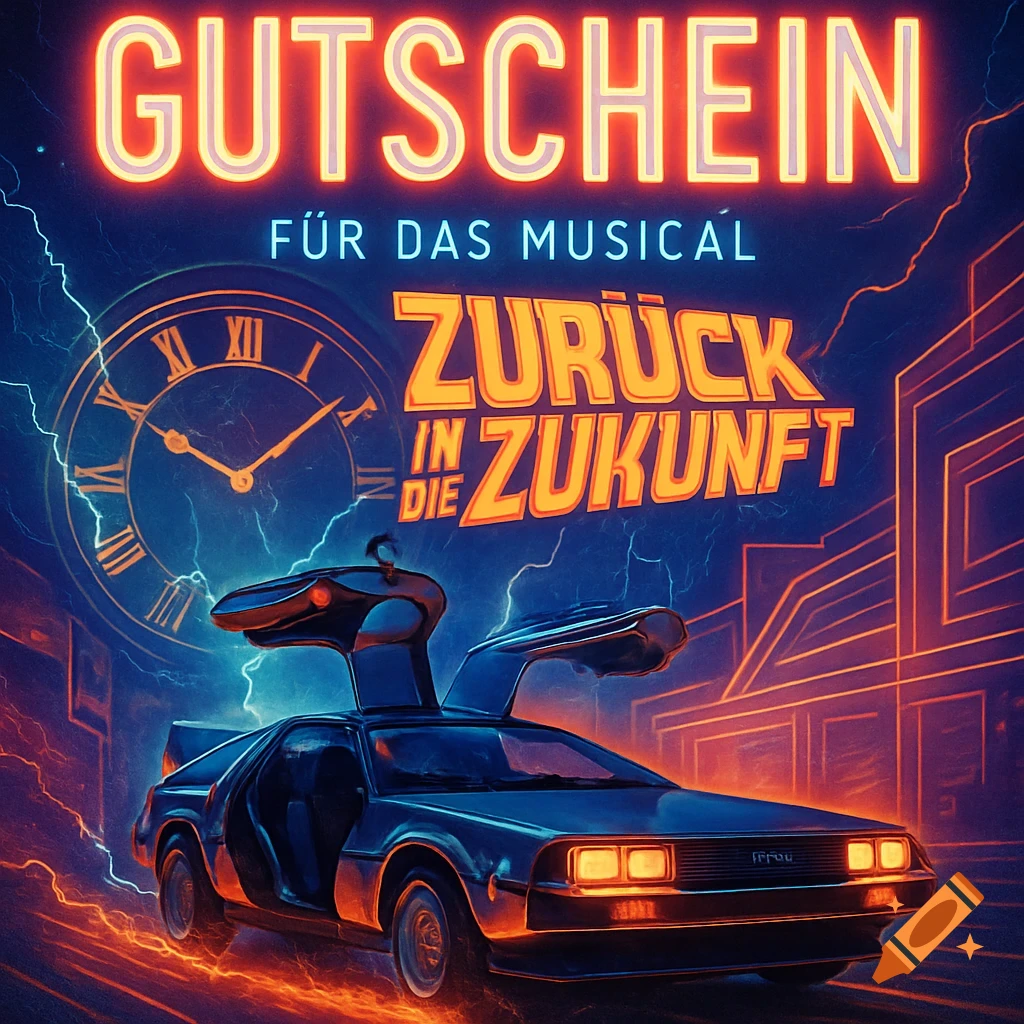 Neon poster for a 'Back to the Future' musical voucher, featuring a DeLorean time machine, a clock, and lightning effects.