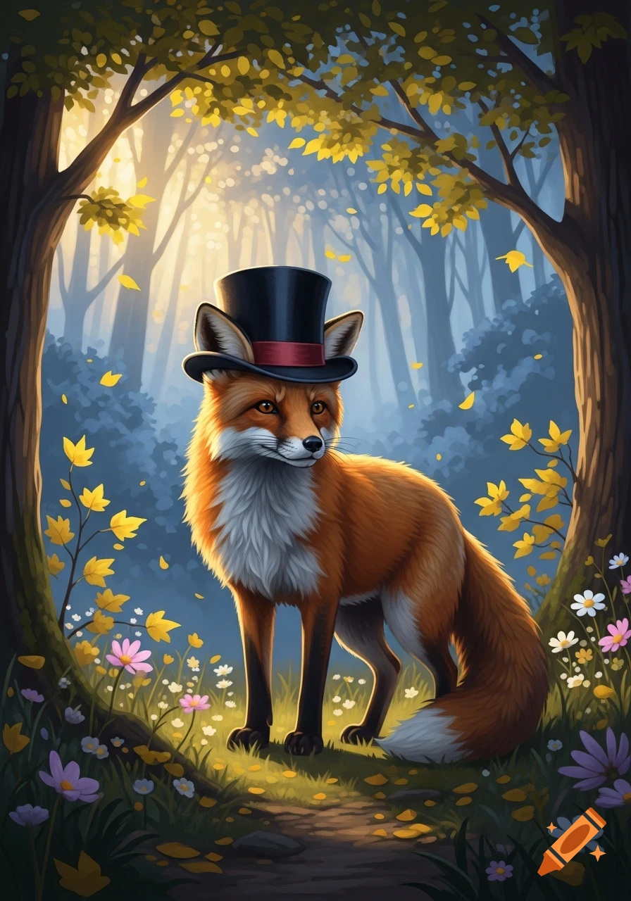 An anthropomorphic fox wearing a black top hat stands in a sunlit forest filled with yellow leaves and colorful flowers.