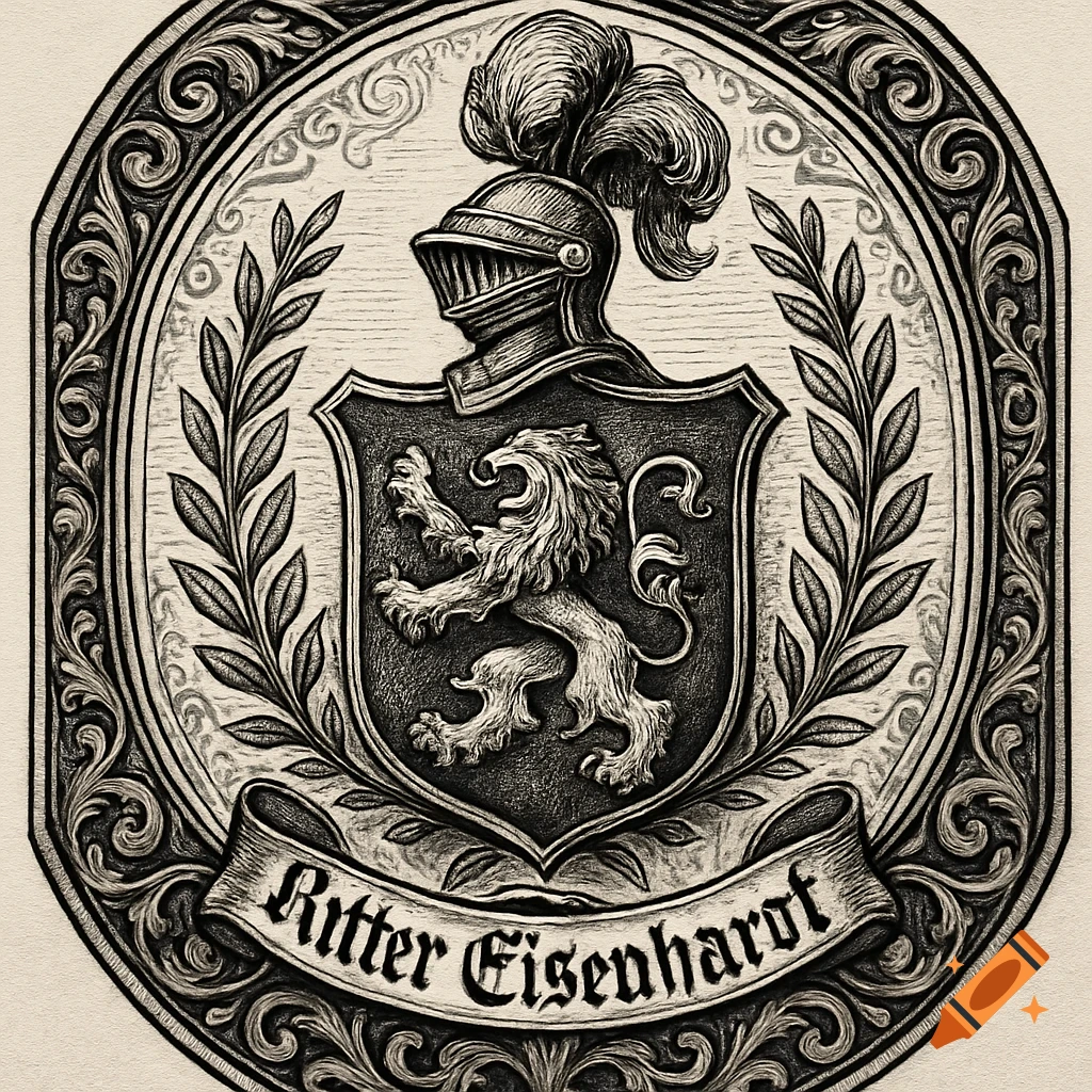 Monochrome medieval crest with a knight's helmet, lion rampant on a shield, laurel branches, and 'Ritter Eisenhardt' on a banner.