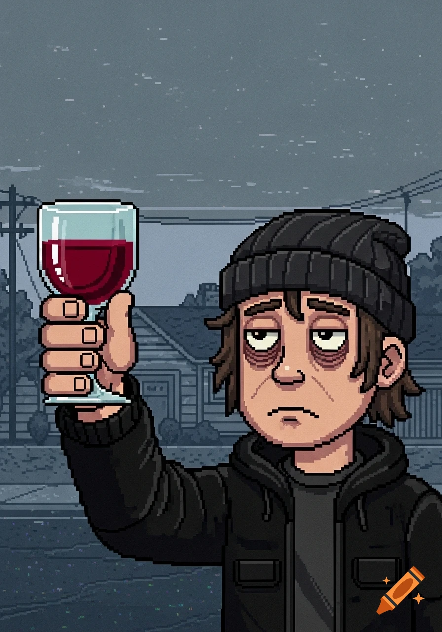 Pixel art character in a black beanie and jacket, with a tired expression, making a toast with a glass of red wine.