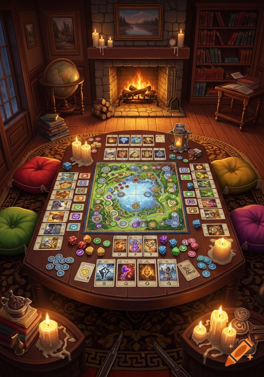 Overhead view of a detailed fantasy board game with cards, dice, and pawns on a wooden table in a cozy room with a fireplace and books.