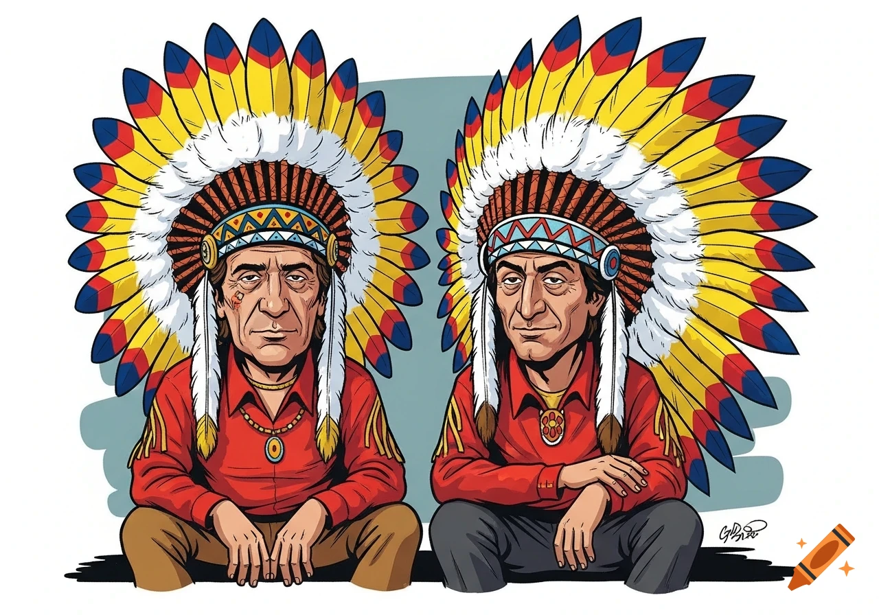 A satirical cartoon depicting two men, resembling caricatures, wearing elaborate Native American feather headdresses, sitting side by side.