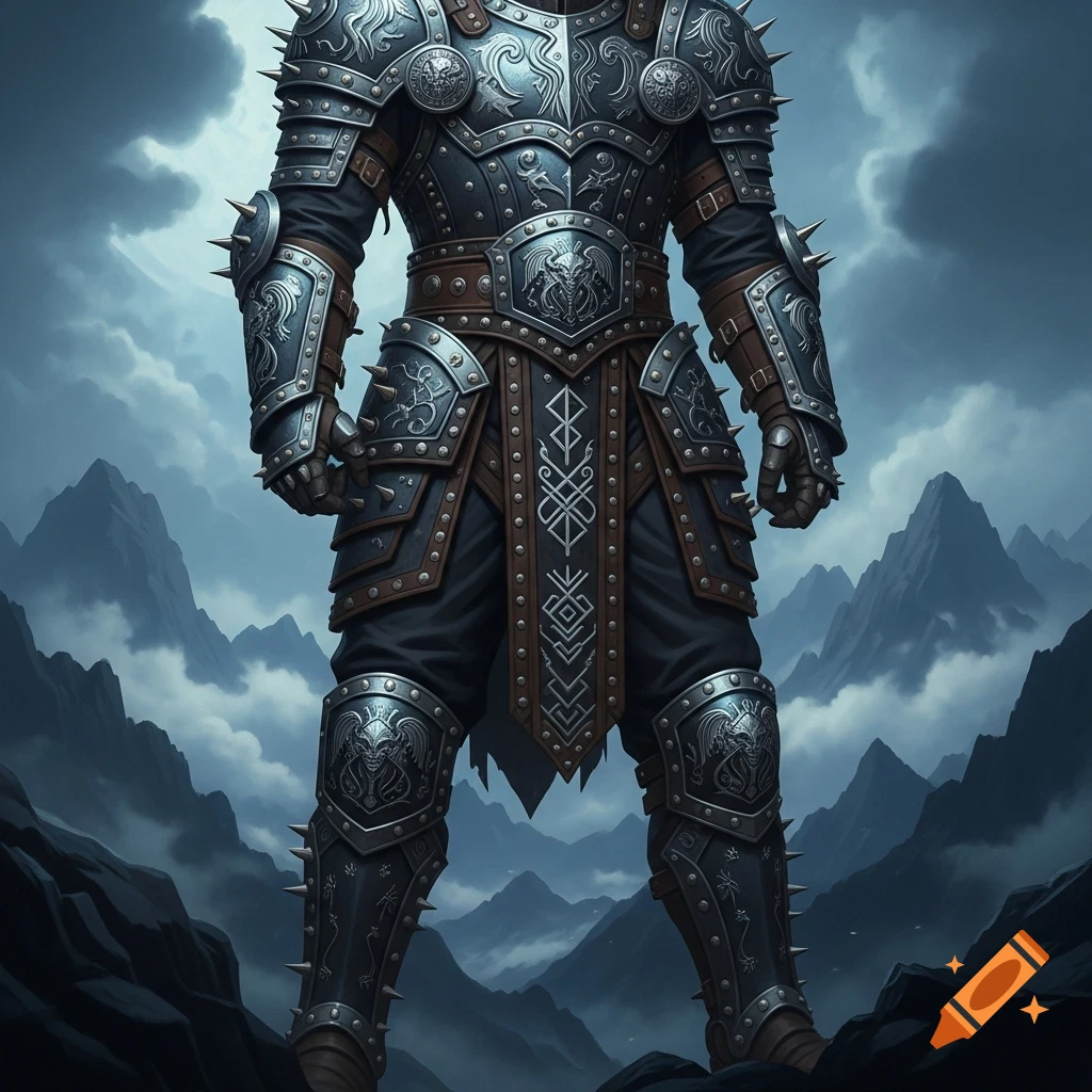 A detailed dark studded fantasy armor with intricate designs stands against a backdrop of cloudy mountains.