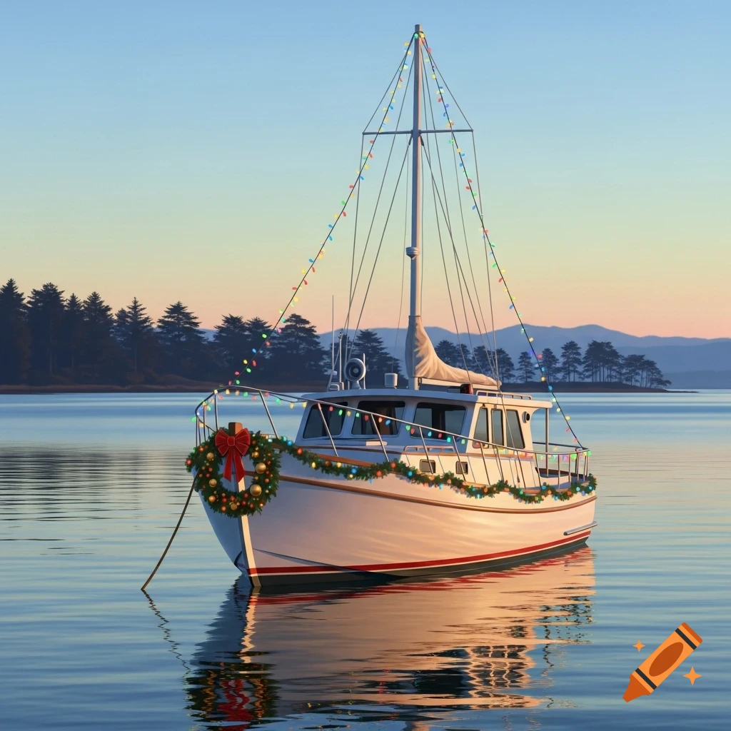 A white boat adorned with a Christmas wreath and colorful lights floats on calm water at sunset, with a forested coastline in the background.