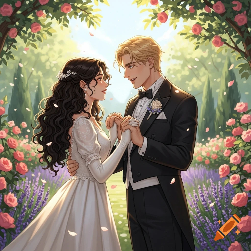 An illustrative image of a bride and groom, holding hands and gazing at each other in a beautiful rose garden.
