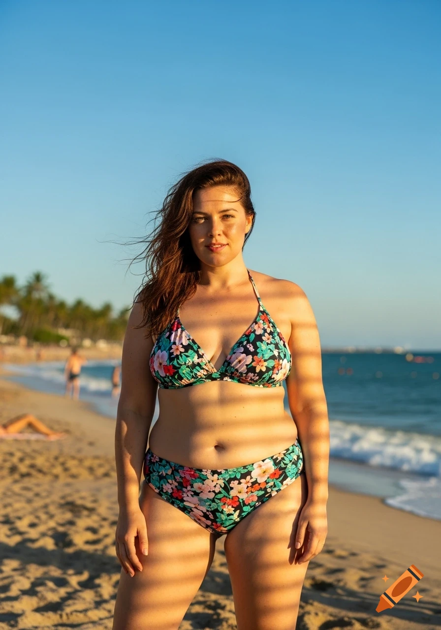 A woman in a floral bikini stands on a sandy beach at sunset, with palm trees and the ocean in the background.