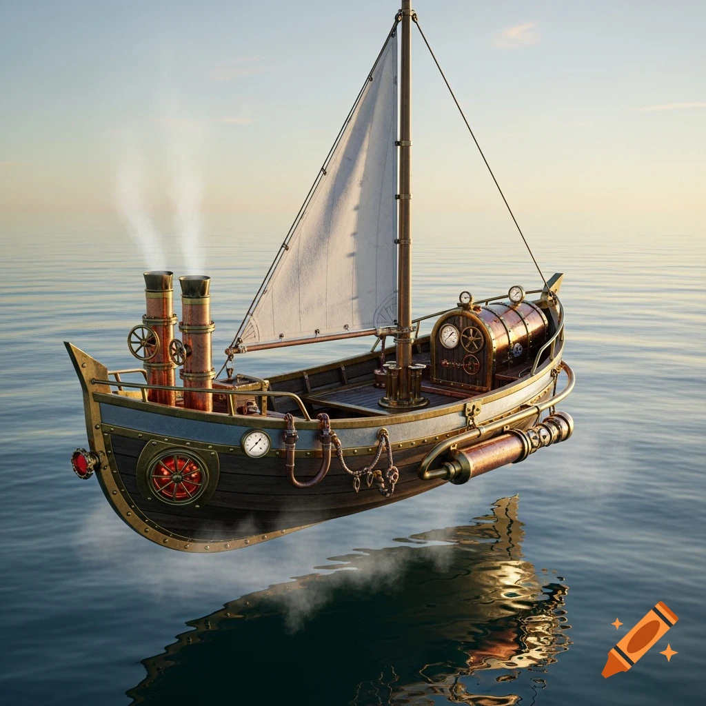 A detailed steampunk boat with a single mast and twin smokestacks hovers above calm blue ocean water under a clear sky.