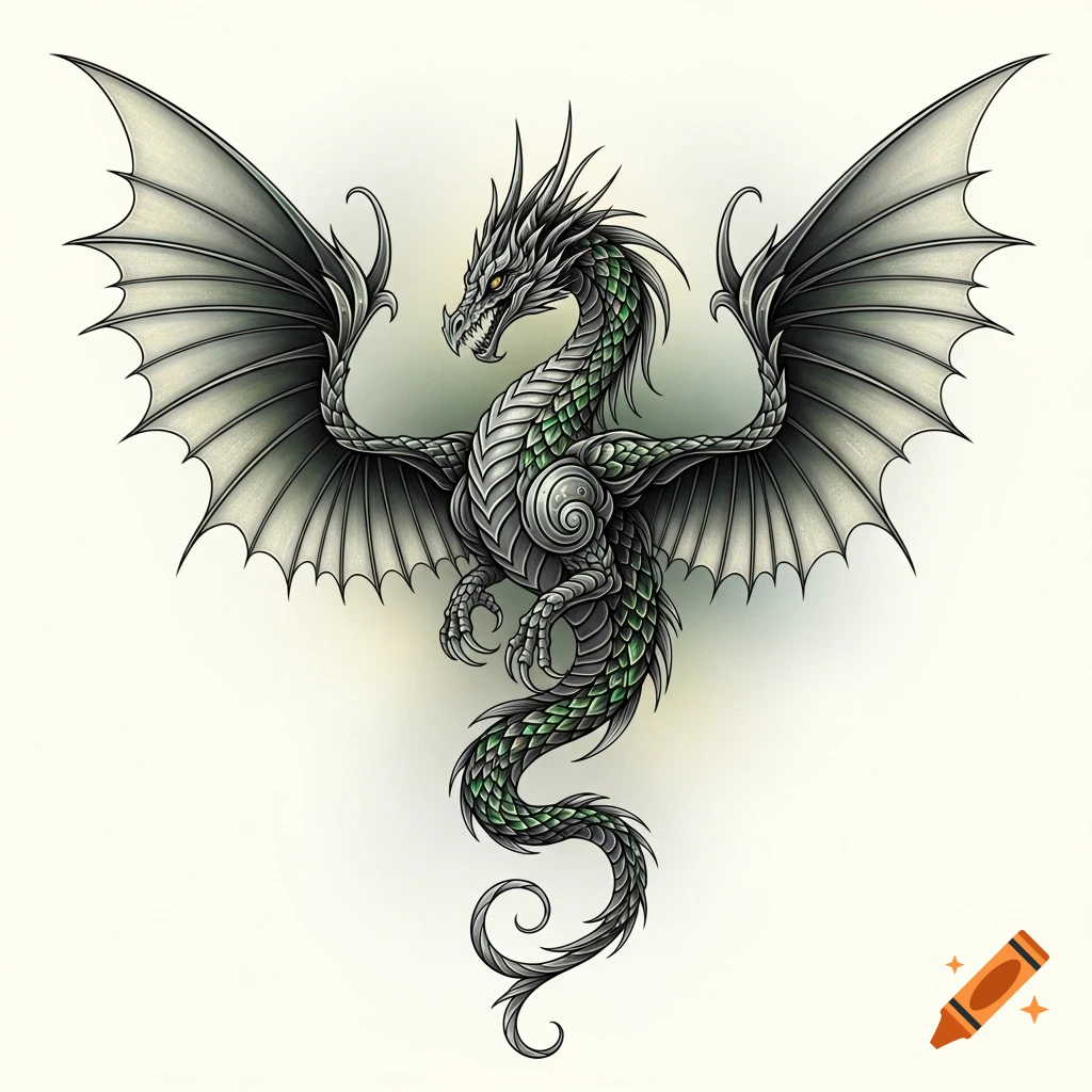 Stylized silver and green dragon illustration with outstretched wings and intricate scales, rendered in a tattoo art style.