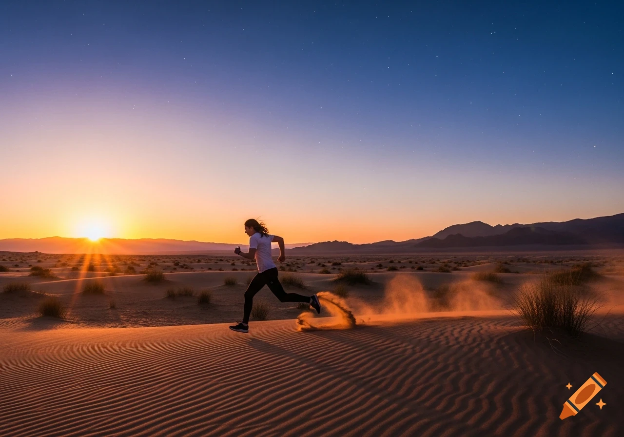 A person runs across rippled sand dunes at sunset, kicking up dust in a desert with distant mountains under a starry sky.