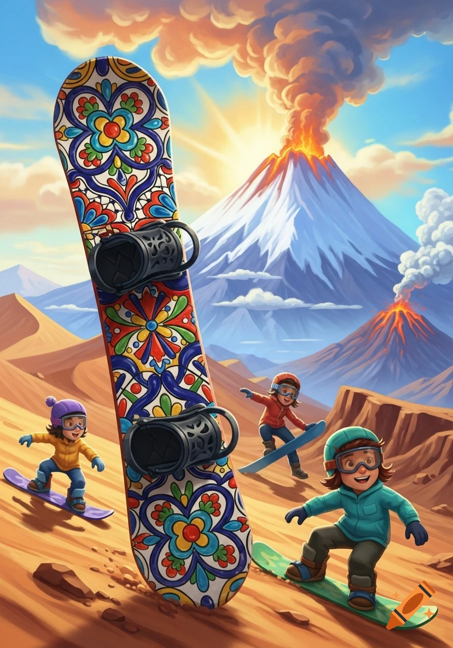 Vibrant cartoon of a patterned snowboard and children sand-snowboarding down dunes with an erupting volcano.