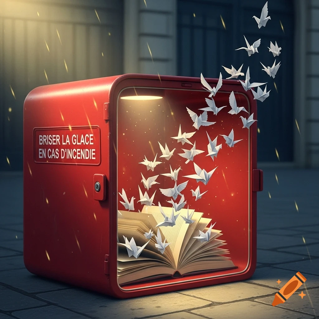 A red emergency box, labeled "BRISER LA GLACE EN CAS D'INCENDIE", contains an open book from which white origami birds fly out.