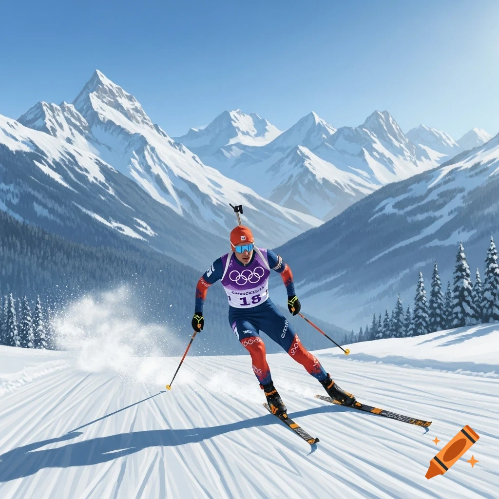 Biathlete skis down a snowy mountain slope, wearing a racing suit with the Olympic rings logo, under a clear blue sky.