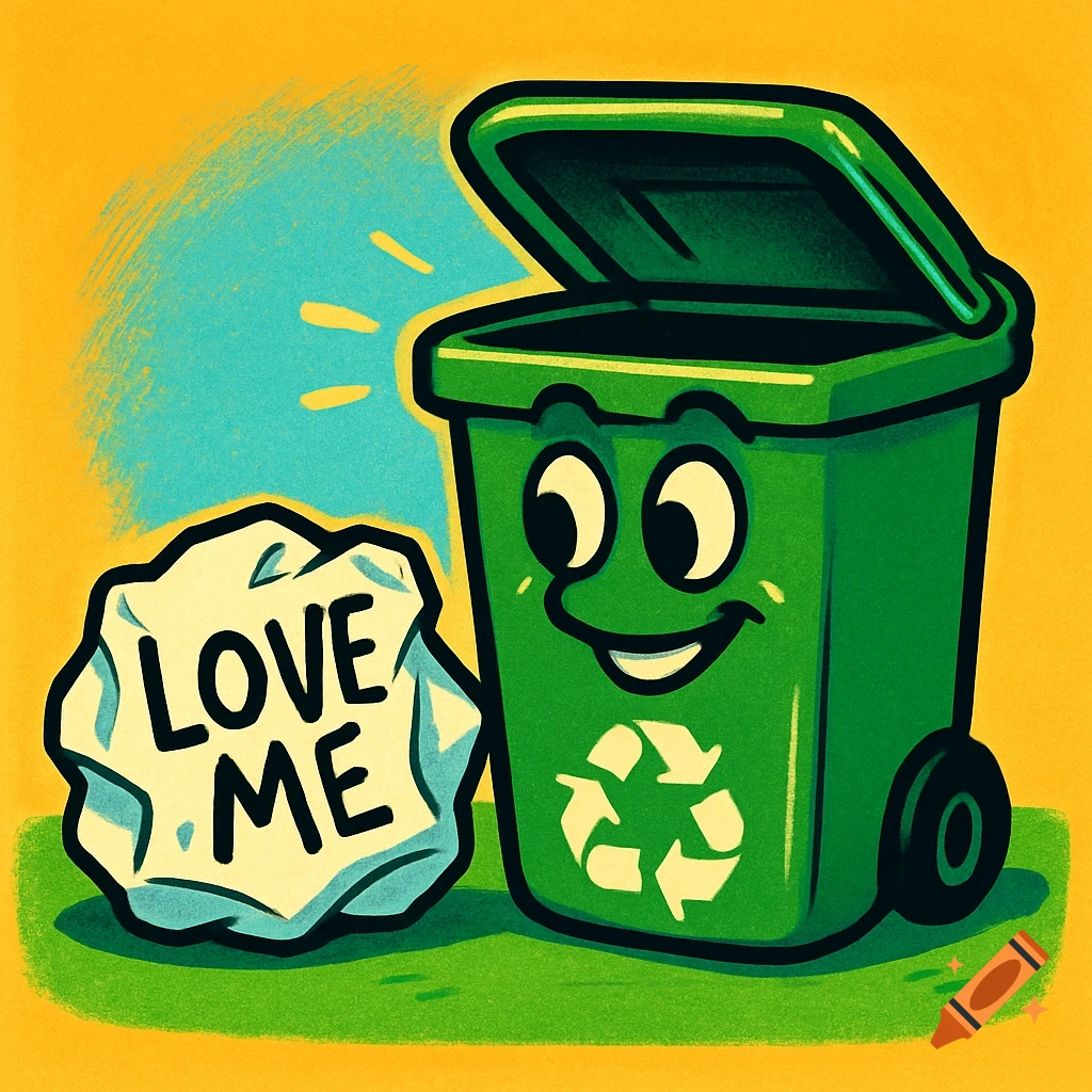 Cartoon green recycling bin smiling next to a crumpled paper ball with 'LOVE ME' written on it, in a graphic style.