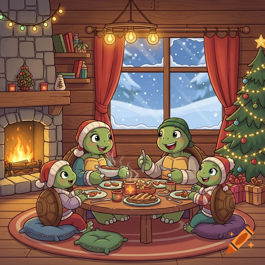 Four cartoon turtles in Santa hats enjoy a cozy Christmas meal by a fireplace and a decorated tree, with snow outside.