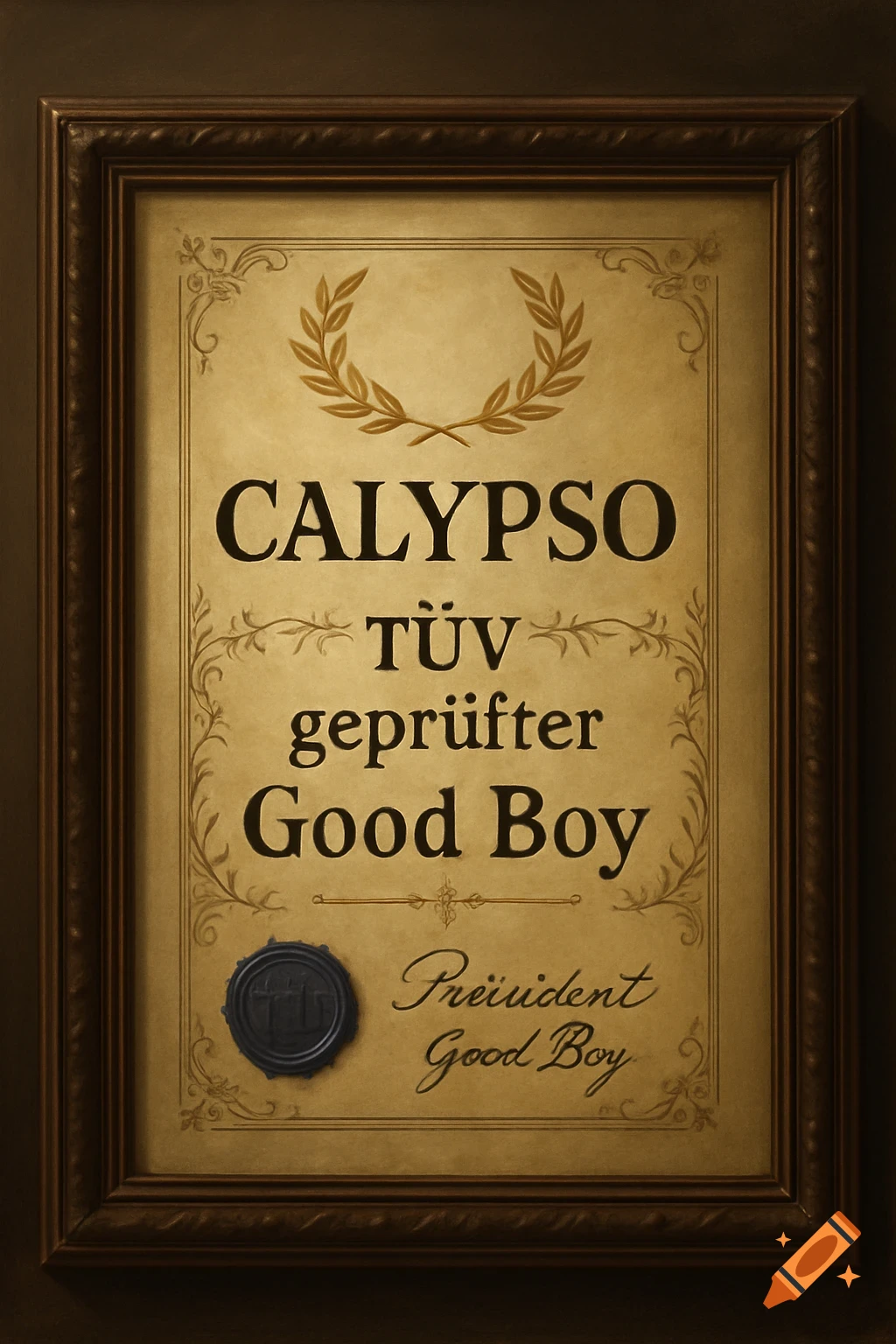 A framed vintage-style certificate recognizing CALYPSO as a TÜV-certified Good Boy, with a seal and 'Preiüident Good Boy' signature.