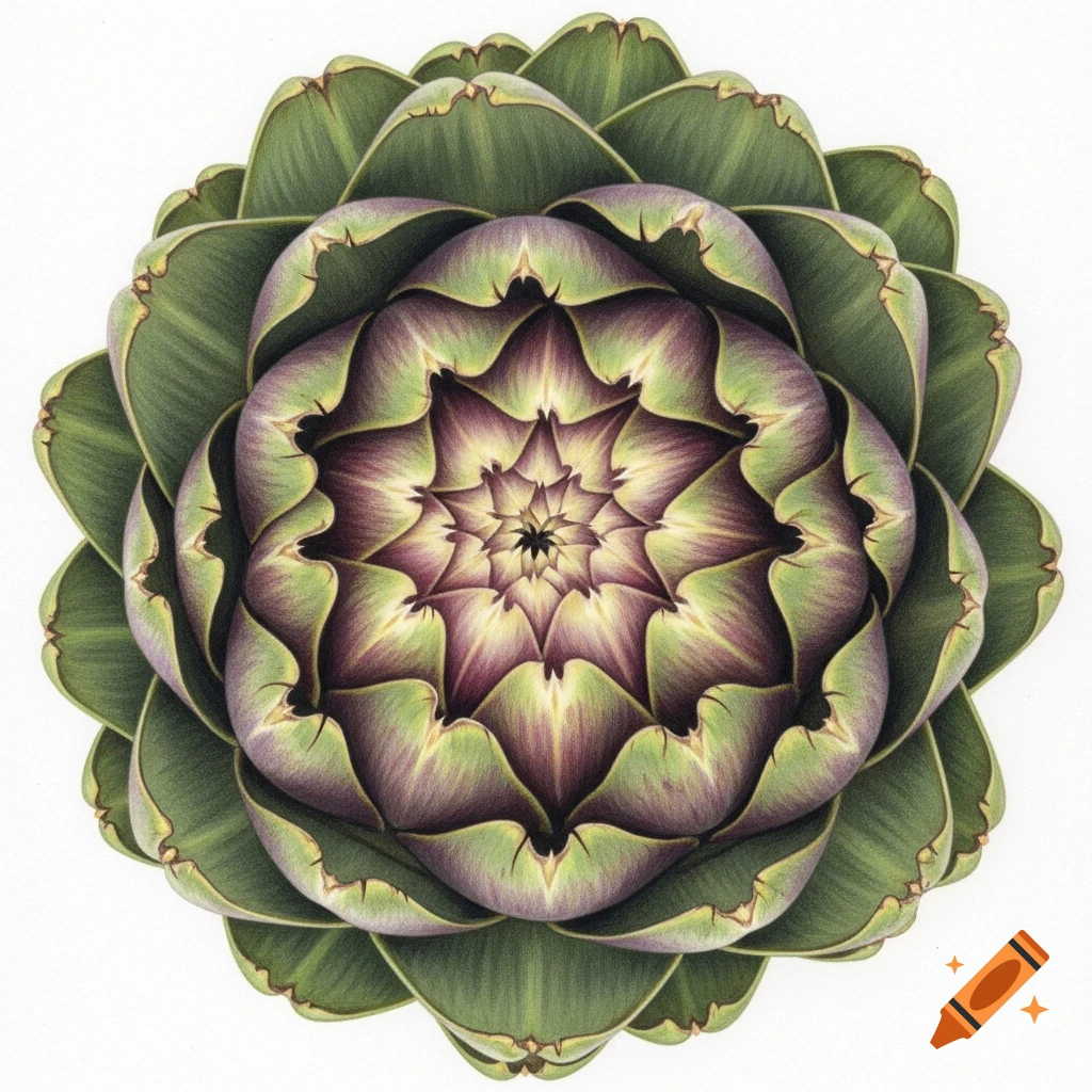 A detailed colored pencil drawing of an artichoke seen from a top view on a white background, showcasing its concentric green and purple leaves.