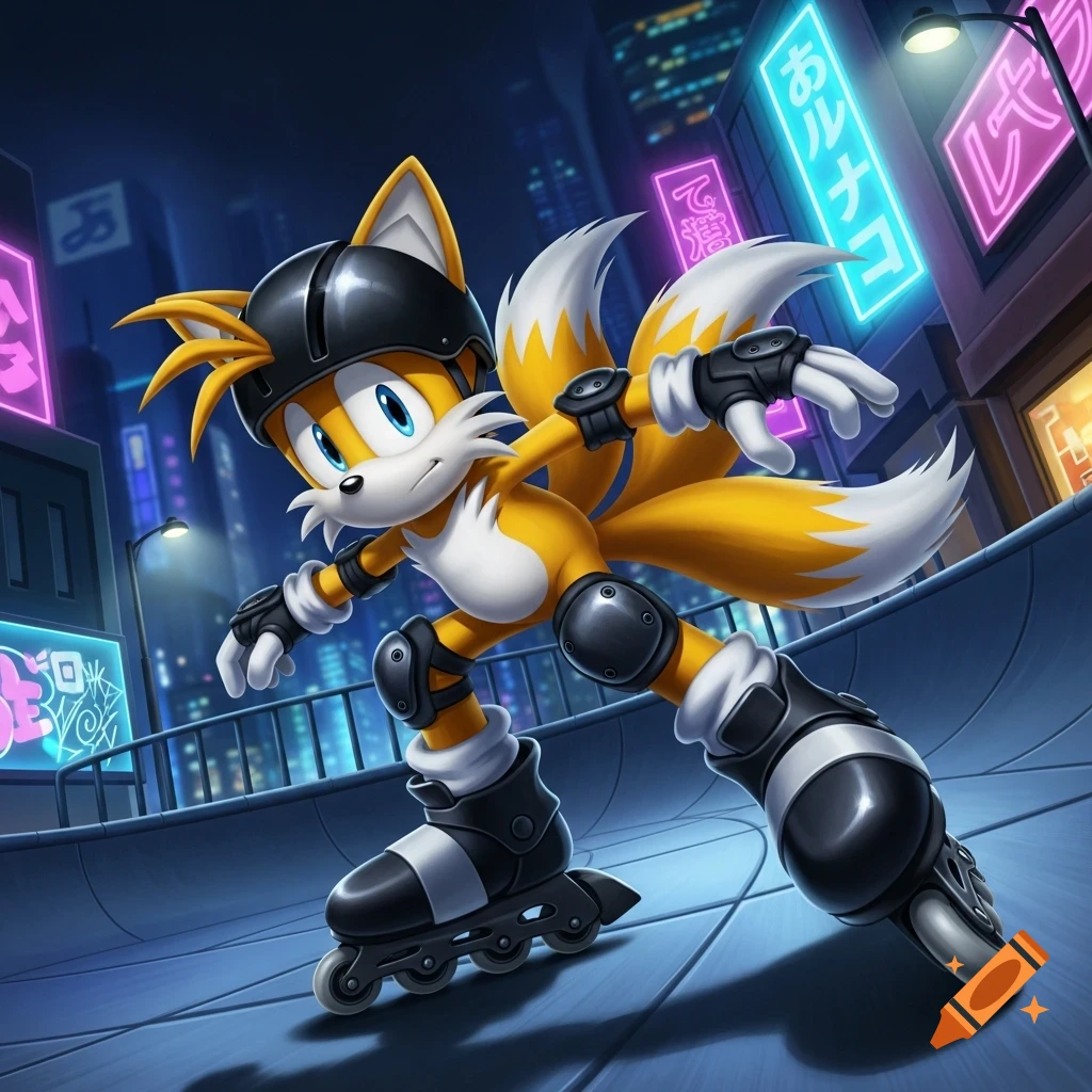 Tails the fox from Sonic rollerblading at night in a neon-lit city, wearing a helmet and pads.