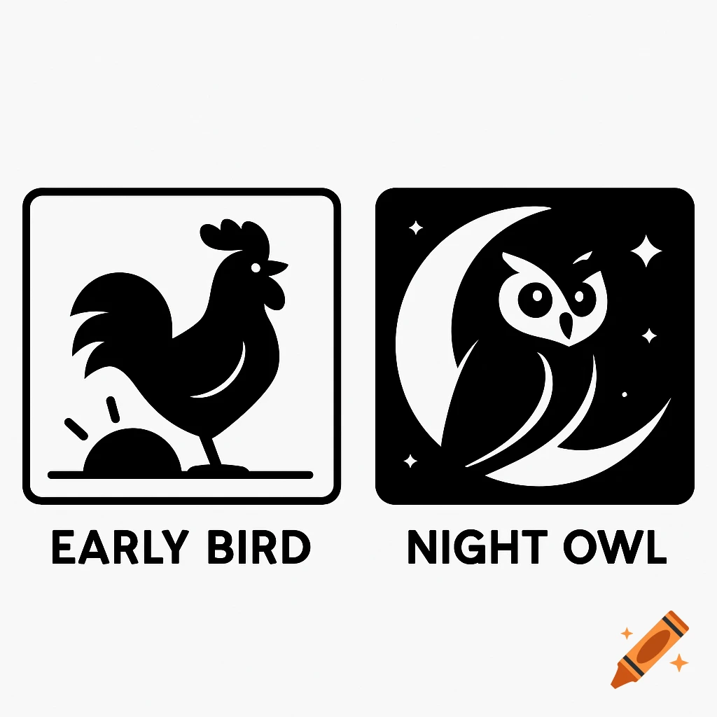 Black and white icons showing a rooster with a sunrise labeled 'EARLY BIRD' and an owl on a crescent moon with stars labeled 'NIGHT OWL'.