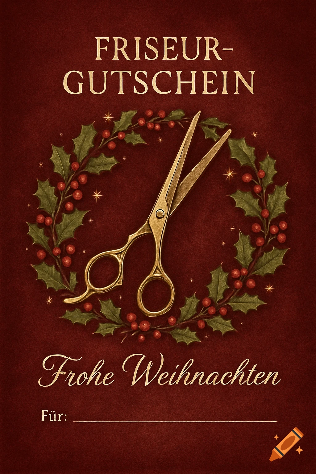 Christmas hairdresser gift voucher with a holly wreath, golden scissors, and German text on a deep red background.
