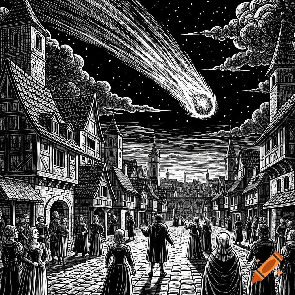 Black and white woodcut of a medieval town at night, where people on a cobblestone street look up at a bright comet streaking across the starry sky.