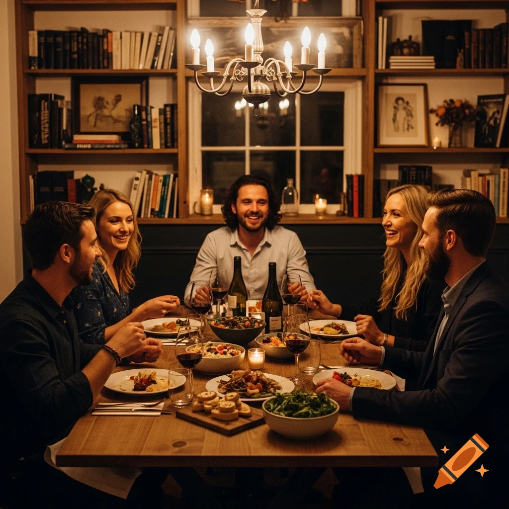 Five smiling adults share a candlelit dinner around a wooden table in a cozy dining room with bookshelves.