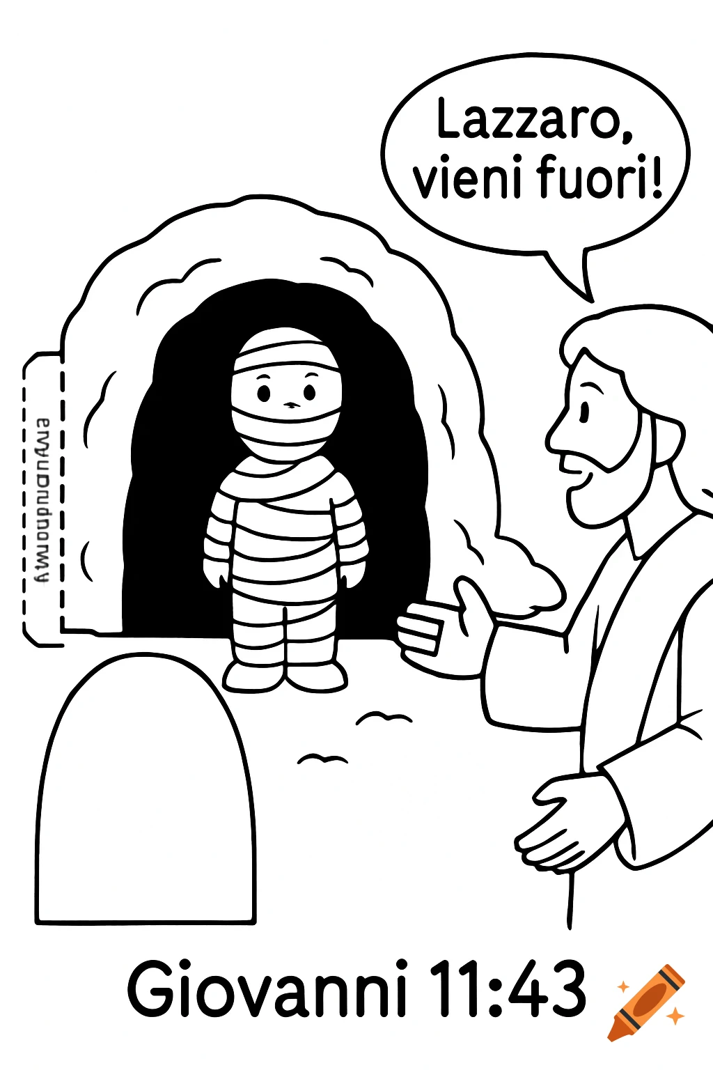 Black and white children's coloring page of the resurrection of Lazarus, with Jesus speaking and Lazarus emerging from a cave, and a separate cutout door.