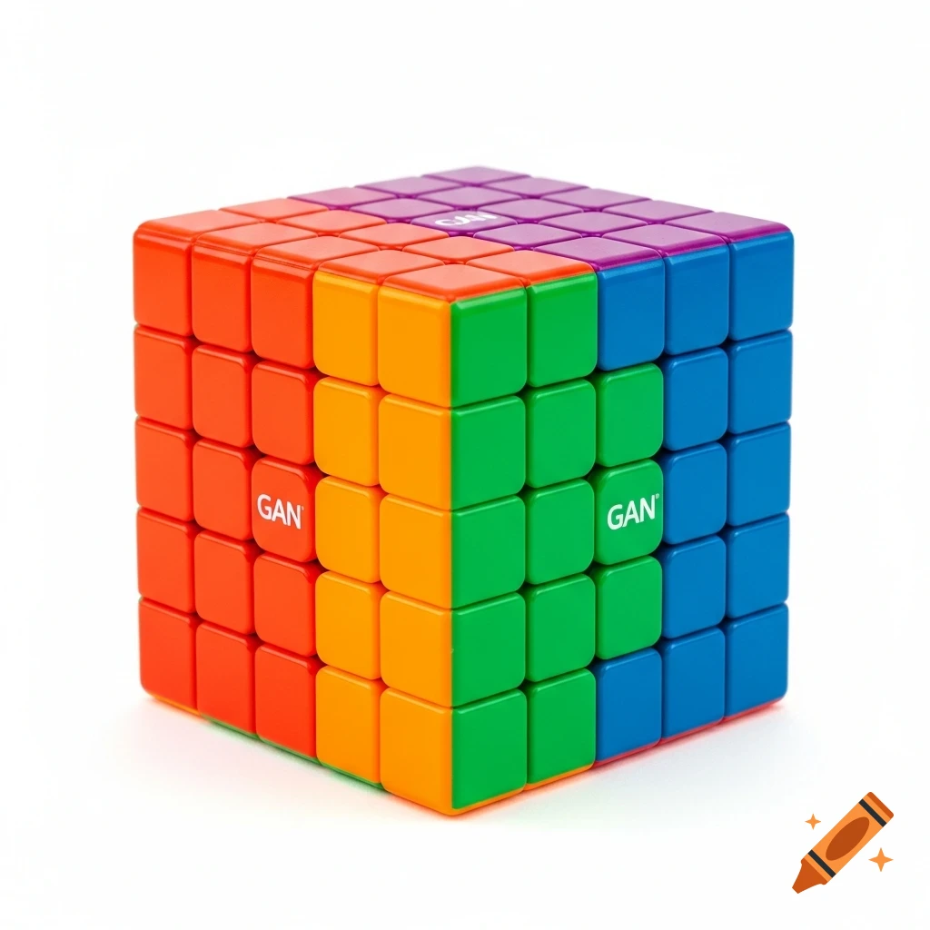 A colorful 6x6 speed cube with the 'GAN' logo visible on its red and green faces, set against a clean white background.