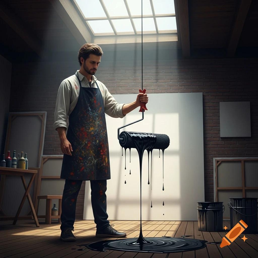 A male painter in an apron holds a roller dripping black paint onto a wooden floor in a sunlit art studio.