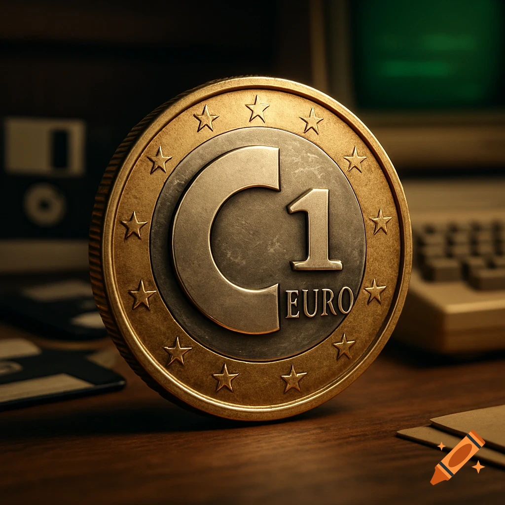 A detailed photorealistic image of a 1 Euro coin with the Commodore C= logo and '1 EURO' text, on a wooden desk with blurred retro computer equipment in the background.