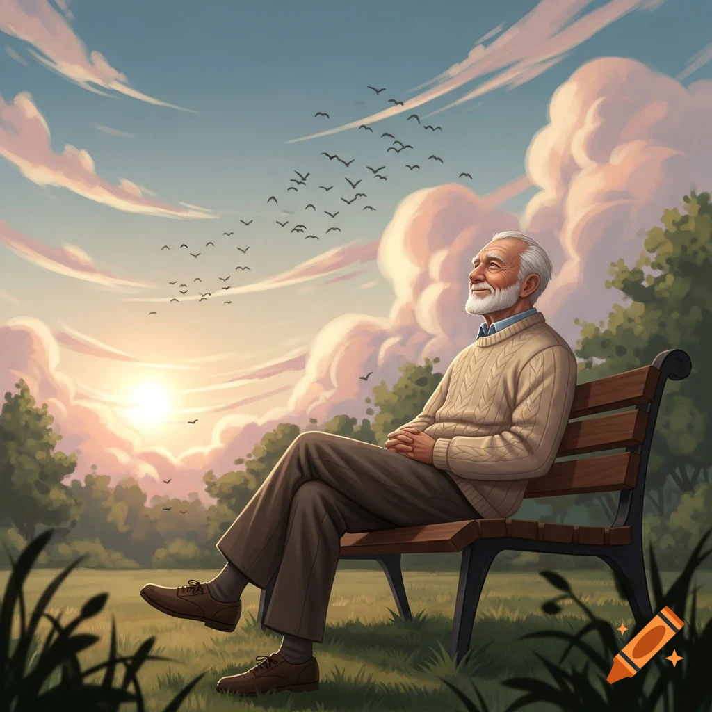 Illustrated elderly man sitting on a park bench, gazing at a sunset sky with birds flying overhead.
