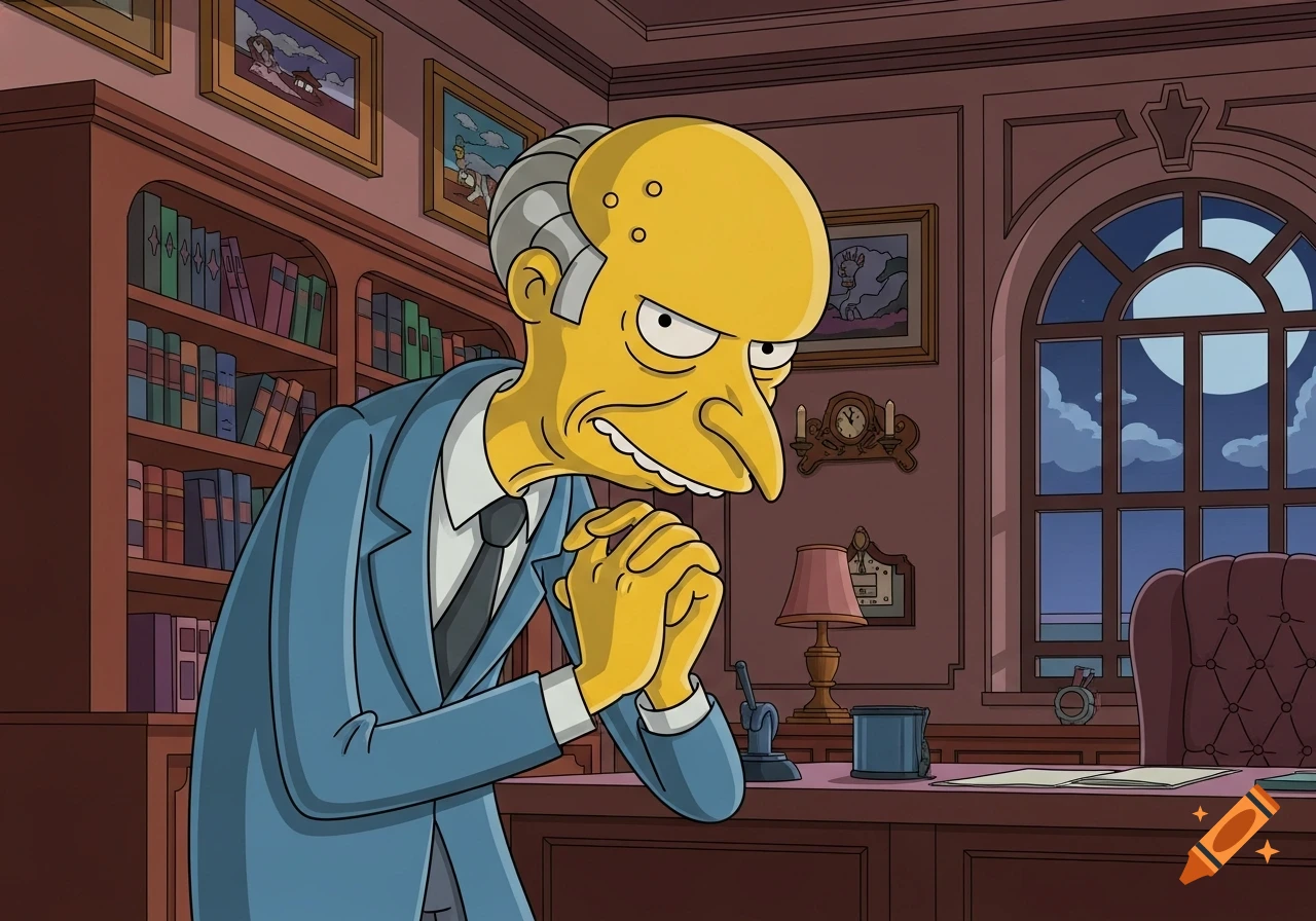 Mr. Burns, a yellow-skinned cartoon character, stands at a large desk in his office, clasping his hands with a sly, menacing expression.
