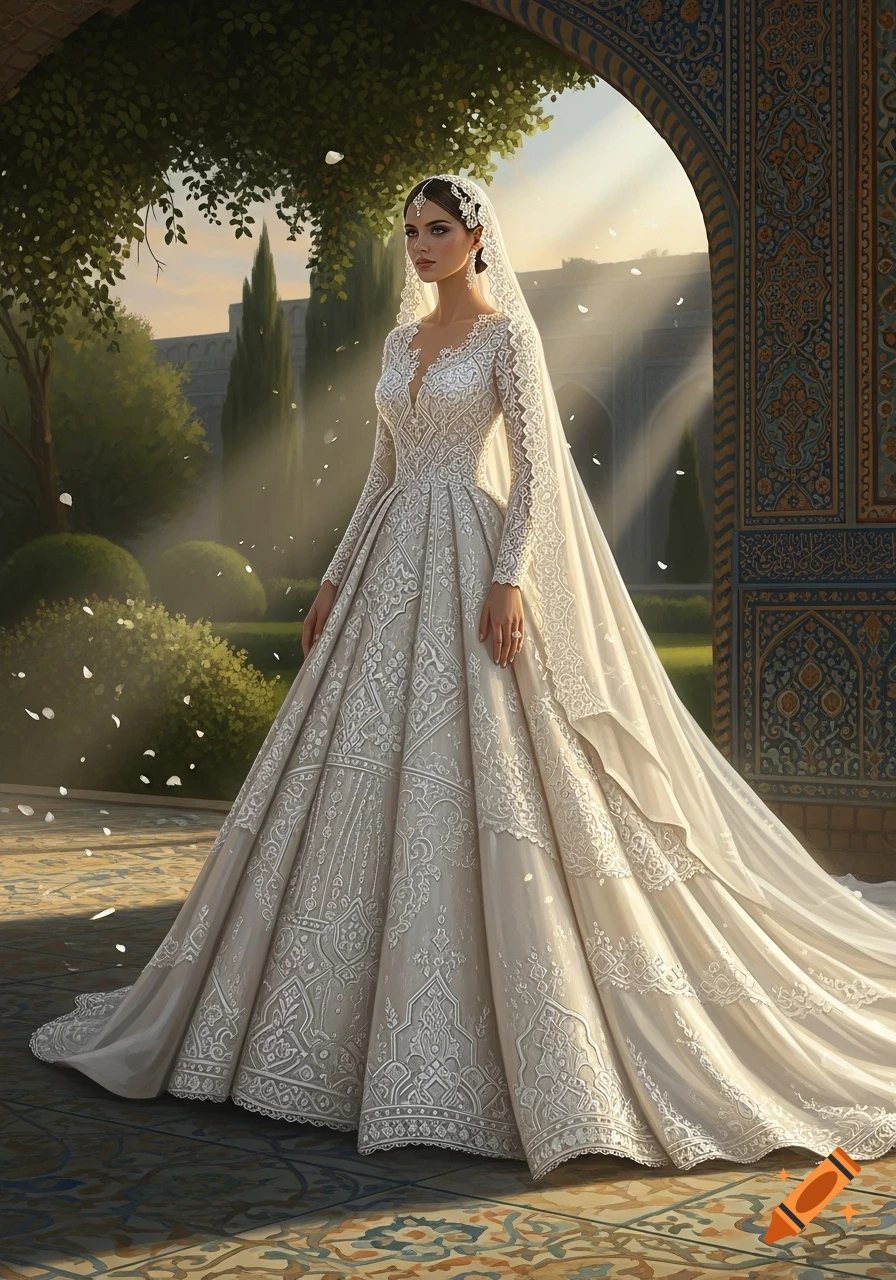 A beautiful woman in an ornate white wedding dress stands under an archway in a garden with sunbeams.