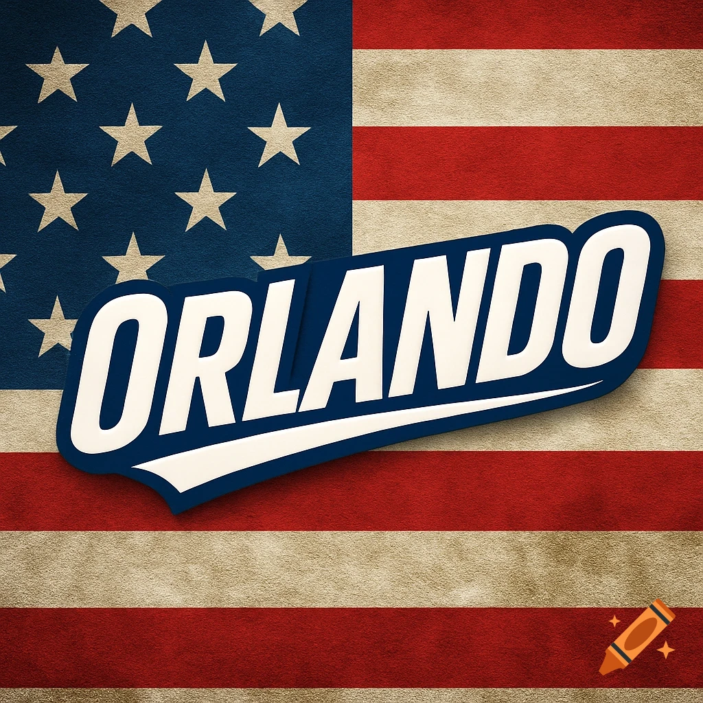 The word ORLANDO in a white and blue logo, centered on a grunge American flag background.
