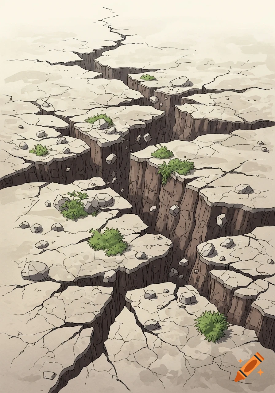 A Ghibli-inspired illustration of deeply fissured, cracked earth with scattered rocks and sparse green vegetation in a dramatic, portrait composition.