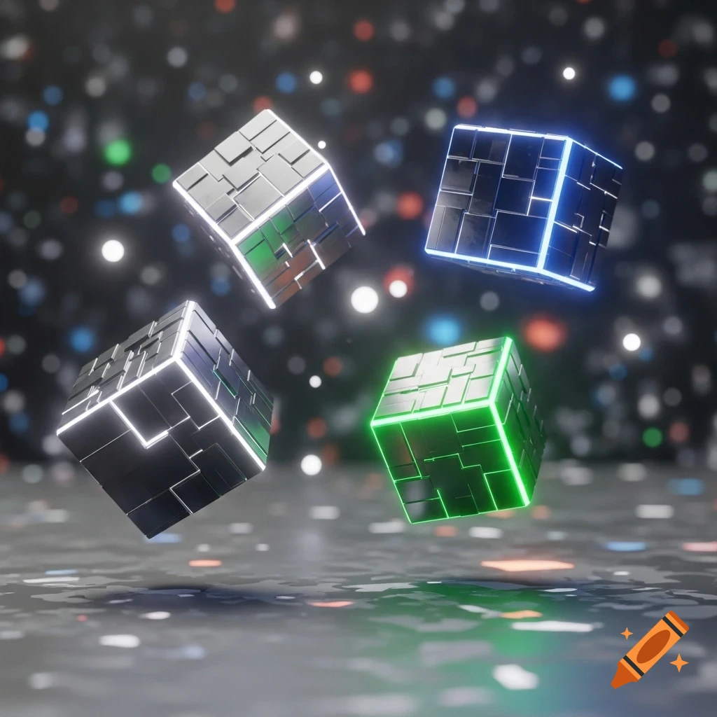 Three metallic cubes with glowing green, blue, and white edges float in a dark, bokeh-filled abstract space.