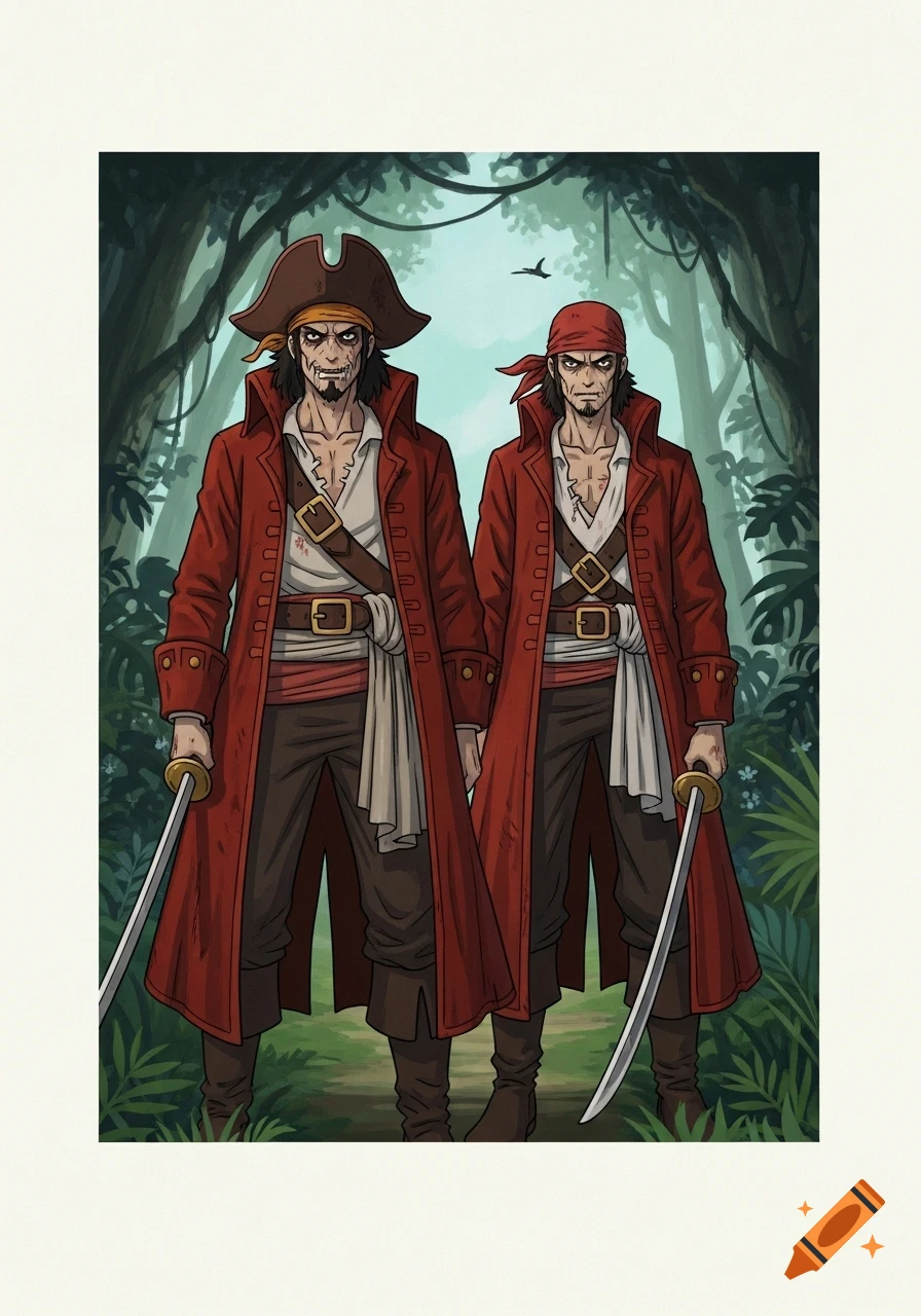 Two grim-faced pirates in red coats stand with swords in a dense tropical jungle, in a Ghibli-inspired illustration style.