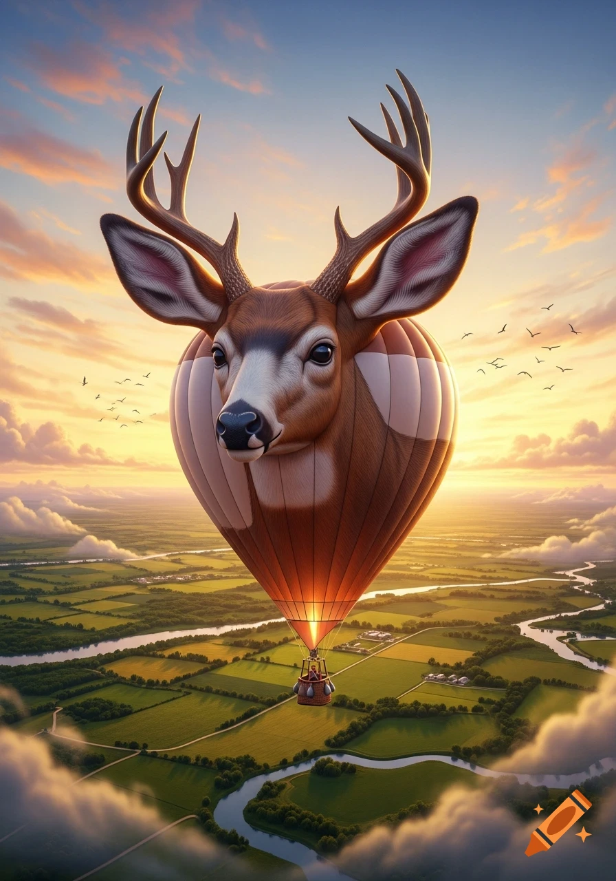 A majestic mule deer head-shaped hot air balloon floats above lush green fields and winding rivers at sunset.