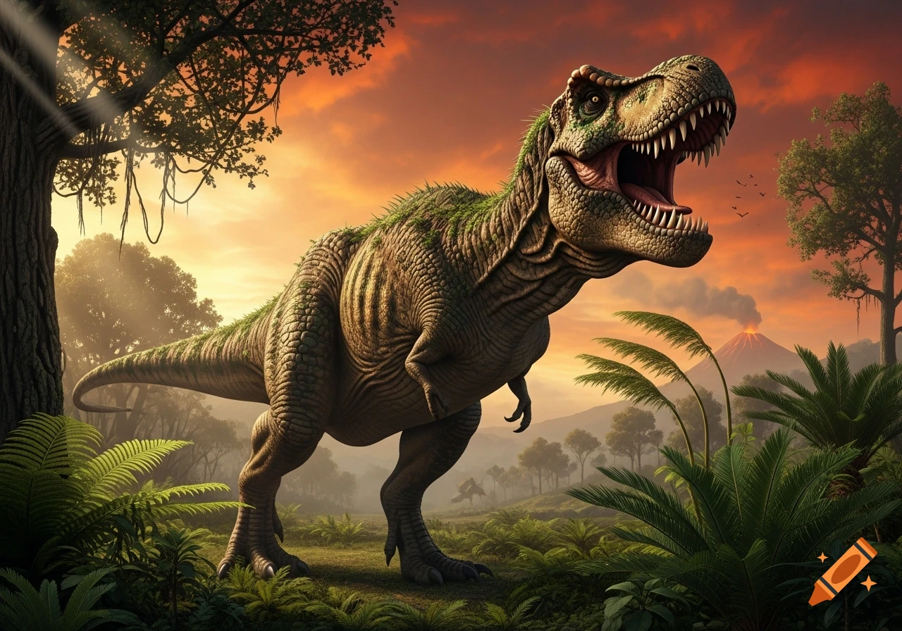 A large, detailed Tyrannosaurus Rex stands in a lush prehistoric jungle with a smoking volcano and orange sky at sunset.