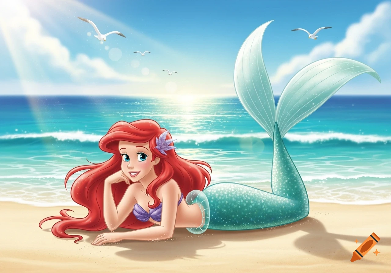 Cartoon mermaid with long red hair and a teal tail, wearing a purple bra, lying on a sunny beach by the blue ocean.