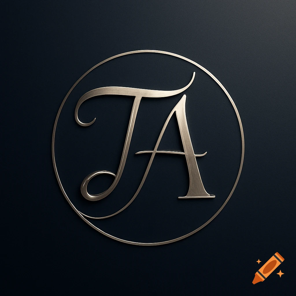 Metallic gold monogram logo with intertwined letters 'T' and 'A' within a thin circular frame on a dark blue background.
