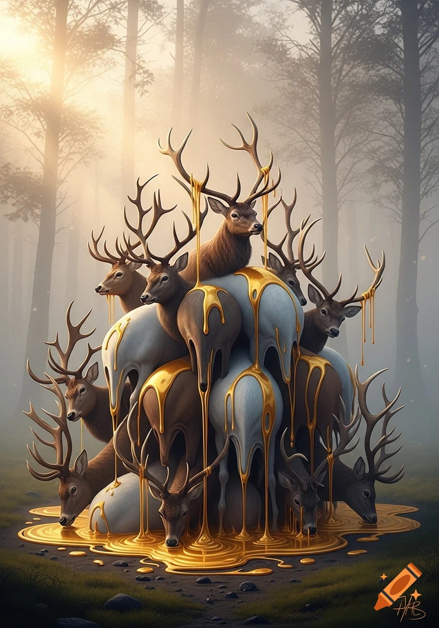 A surreal pile of brown and white deer melting into golden liquid in a misty forest.