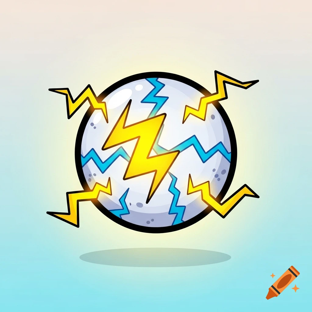 A cartoon electric ball, white with blue cracks and prominent yellow lightning bolts, against a light blue and yellow gradient background.