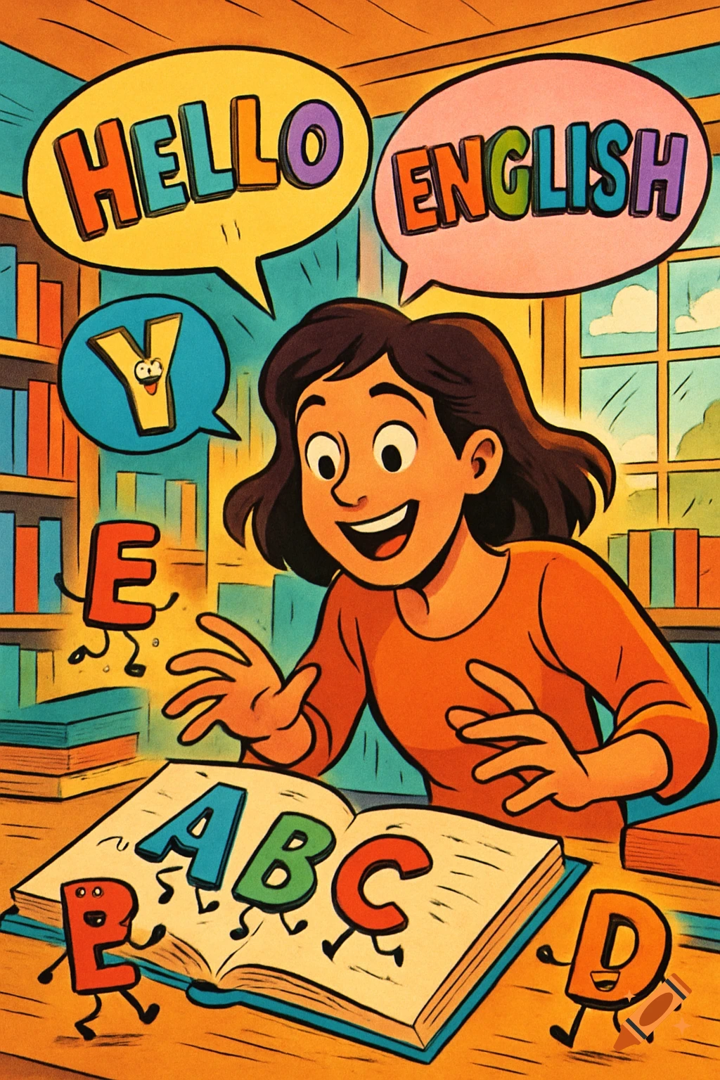 A cartoon girl happily learning English with speech bubbles "HELLO" and "ENGLISH", and animated alphabet letters around an open book.