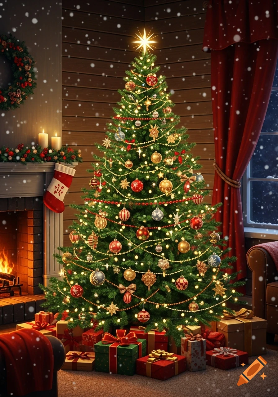 A festive Christmas tree decorated with lights and ornaments, surrounded by presents in a cozy room with a fireplace and falling snow.