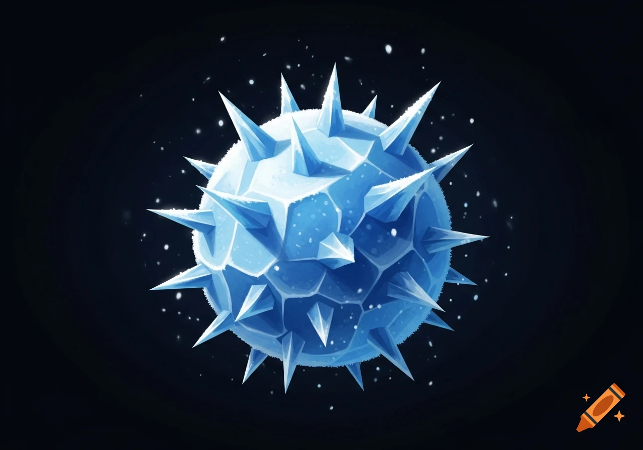 A cartoon spiky blue iceball floats against a dark background, surrounded by glowing white particles.