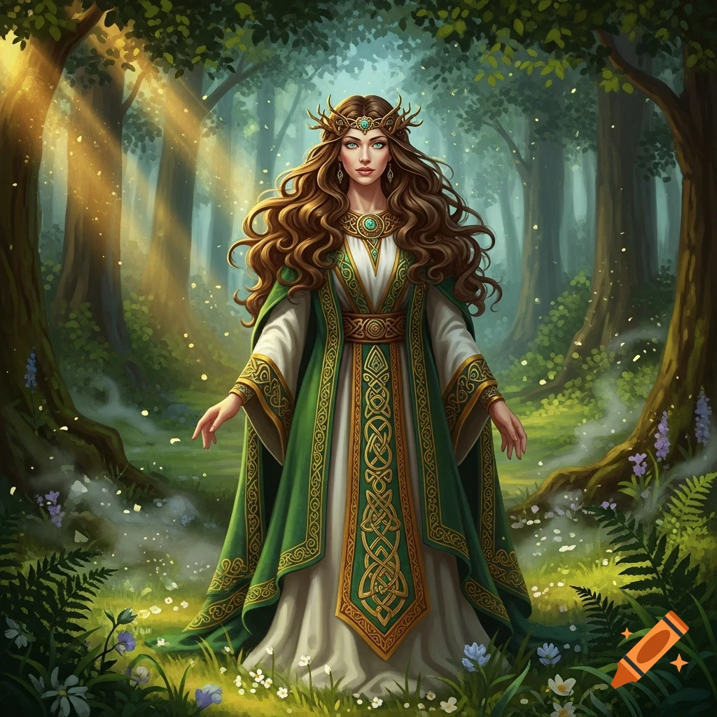 A Celtic goddess with brown hair and green eyes, in a green and gold gown with Celtic knots and a leafy crown, stands in a magical forest.